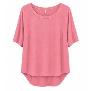 Prana Women's Medium Pink Knit Blouse High Low Hem Short Sleeve Relaxed Fit